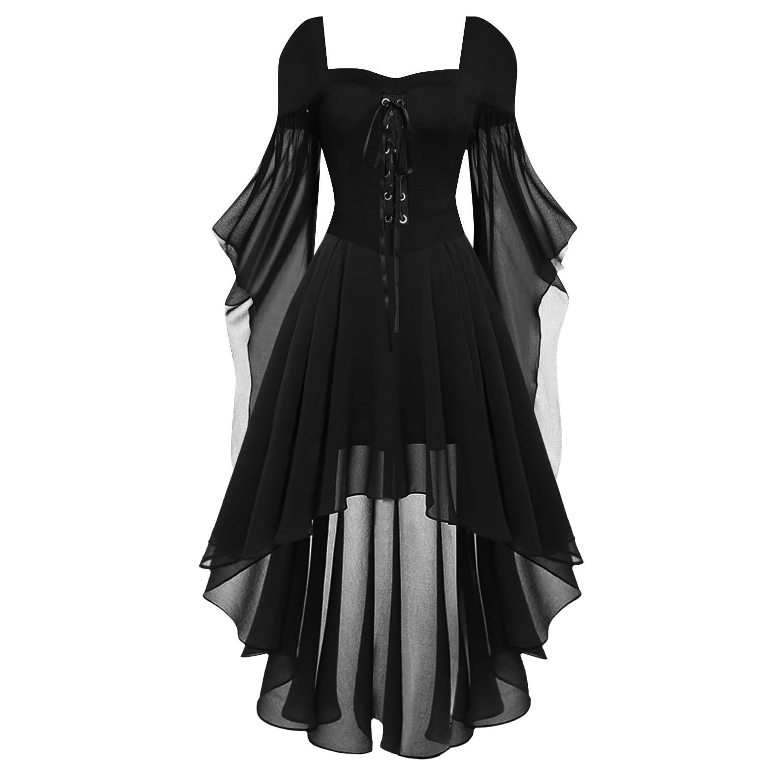 Disfraz de Halloween para mujer, vestido gótico, ropa medieval, cintura atada, disfraz de bruja, monocolor, con hombros descubiertos, vestido de vampiro, renacimiento, mangas trompetas, corsé