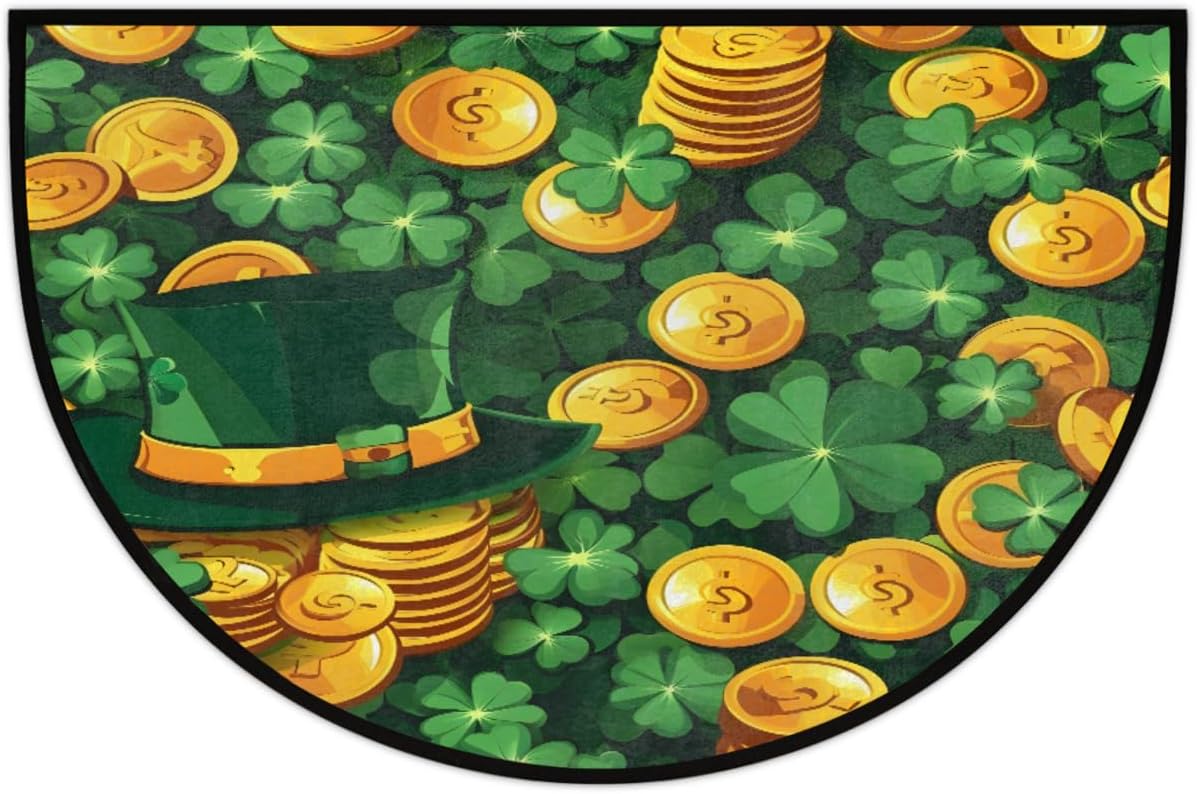 Hat Gold Coin Clover Glow Half Round Door Mat Non-Slip Welcome Entryway Soft Area Rug Absorbent Bathroom Rugs Wear Resistant Indoor Kitchen Mats 24 x 36 in for Home Deck Patio Garage