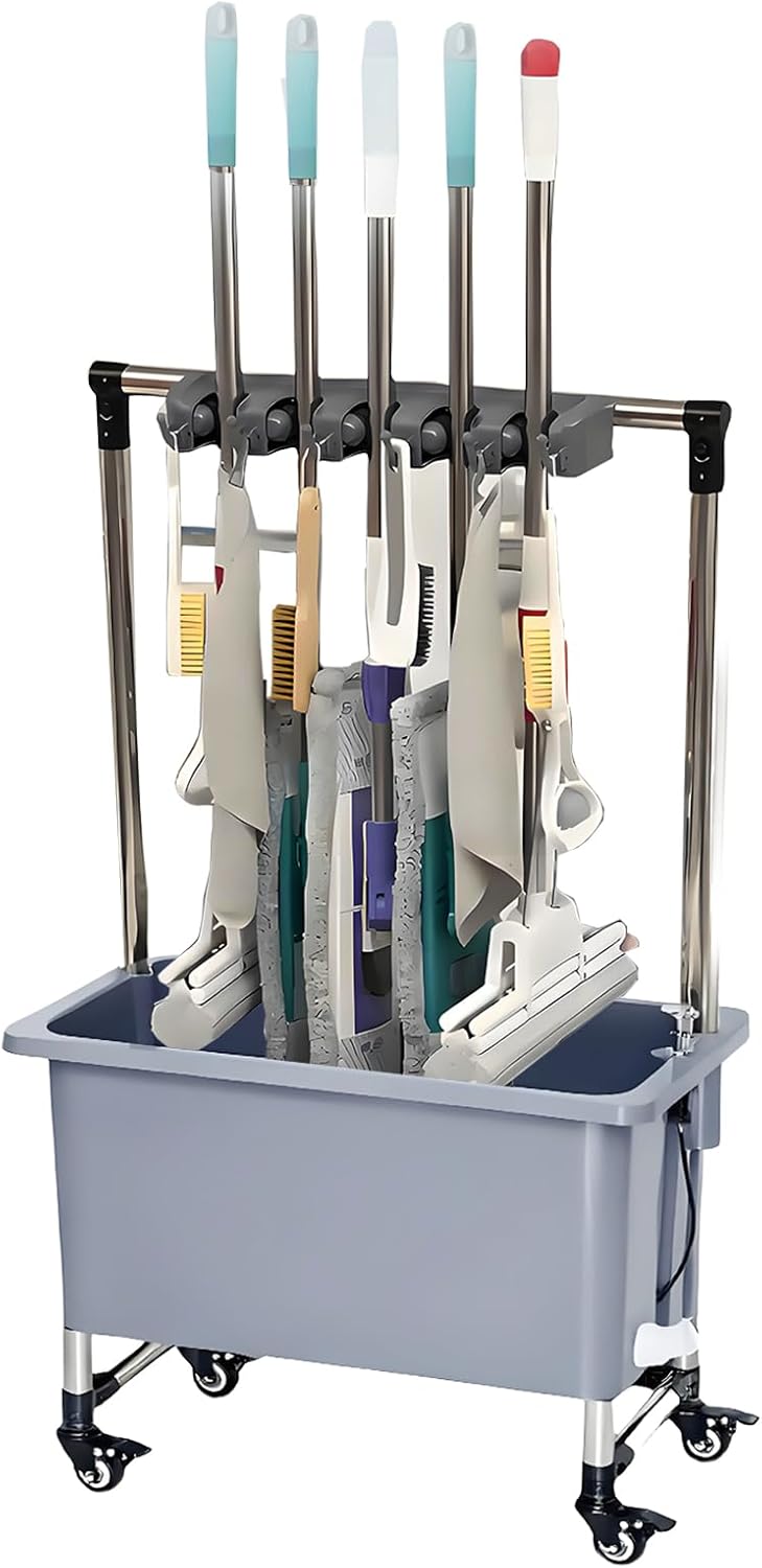 Mobile Commercial Mop Sink with Rollers, Plastic Utility Service Basin with Drain Bottom, Portable Cleaning Station with Hooks & Mop Holder for Restaurant, Kitchen, Bathroom (Gray, 6 Hooks)