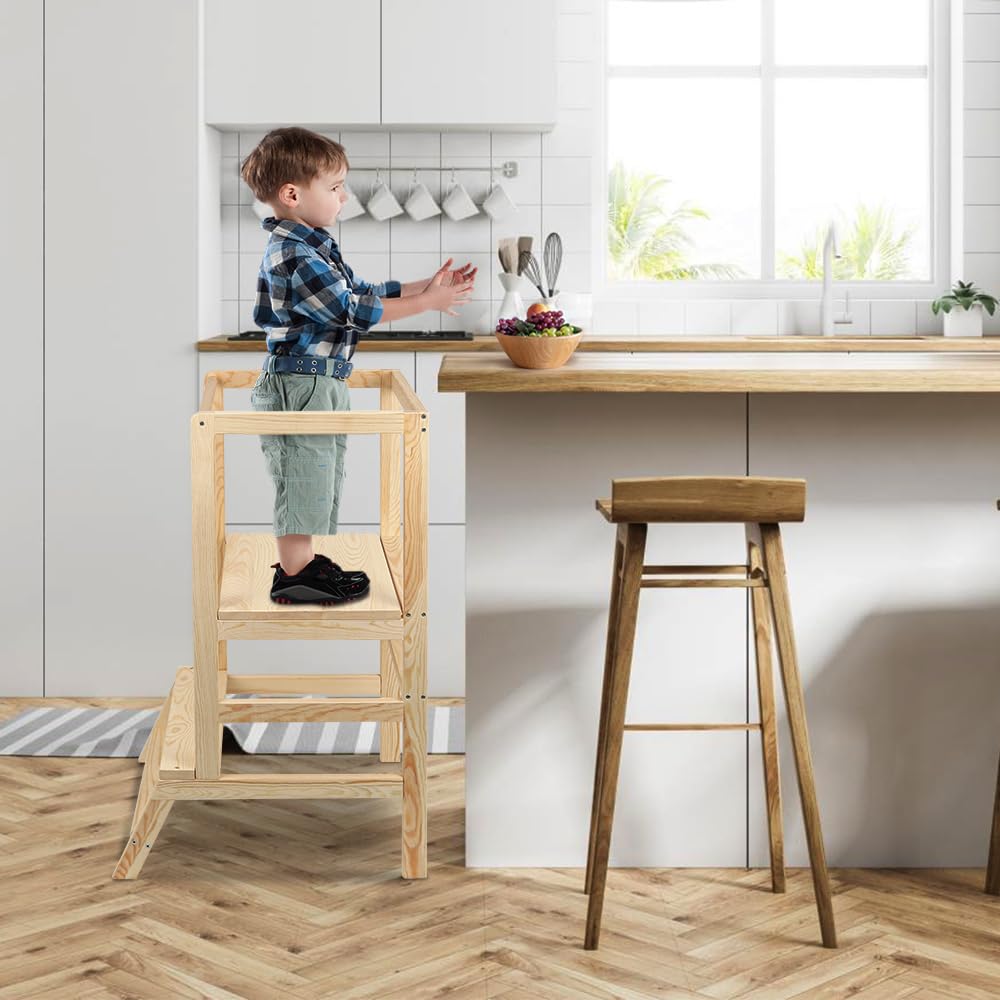 Homewell Höhenverstellbarer Lernturm ab 1 Jahr, Learning Tower, Montessori-Methode, Massiv Montessori Lernturm Kinder aus Holz, Stabil Robust, 39 * 52 * 90 cm