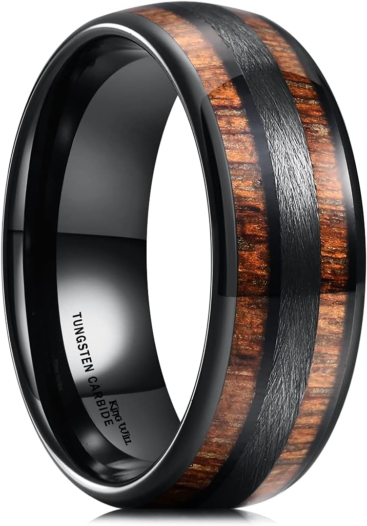 King Will 316L Stainless Steel Wedding Band for Men Women-8mm Width Black/Gold/Sliver with Koa/Maple Wood Inlay Domed Design Wodden Wedding Ring Comfort Fit Size 6-14