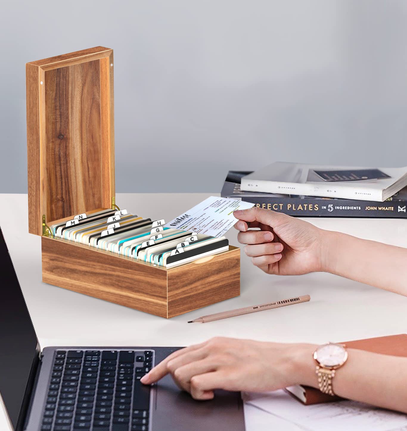 Neando 3 x 12,7 cm etui na karty indeksowe, drewniane pudełko na karty akacjowe z przewodnikiem po 20 kartach indeksowych i 200-liczbowymi kartami na notatki, organizer na notatki, drewniane