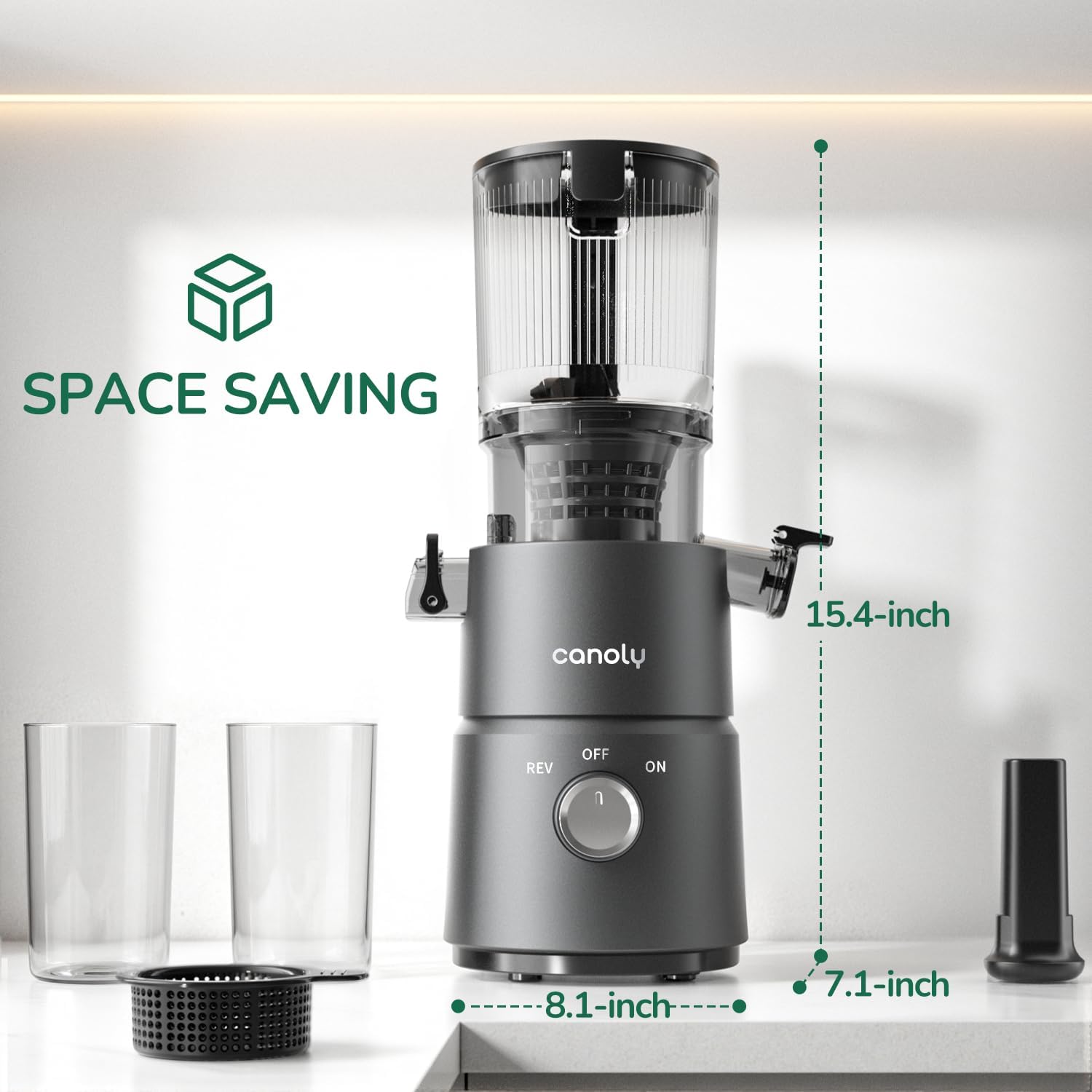 Canoly Cold Press Juicer, 350W Slow Juicer Machine with 4.5" Wide Feed Chute, Masticating Juicer Supports Whole Fruits & Vegetables, Reverse Function, Easy to Clean with Brush, Space Black - Image 8