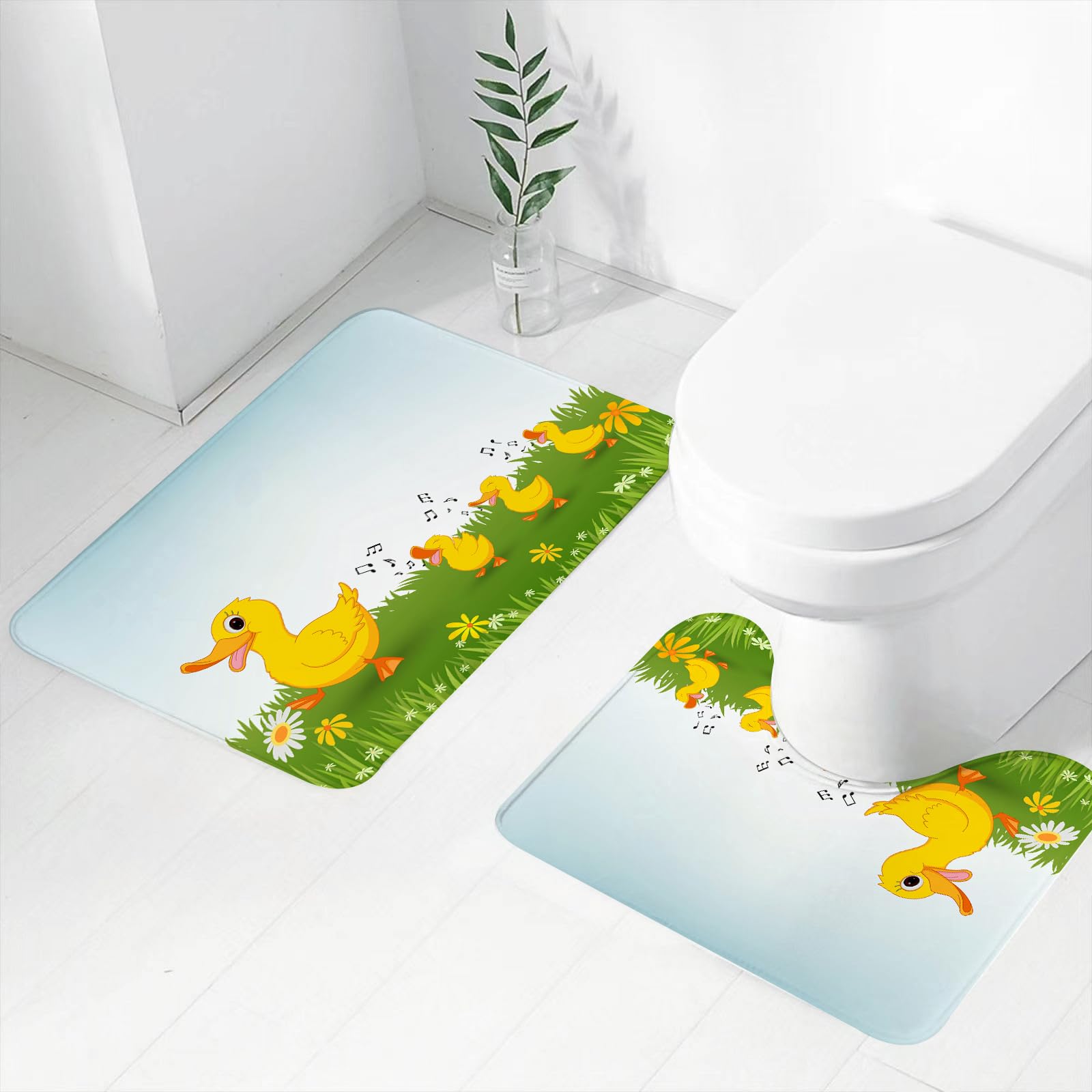 Set di 2 tappetini da Bagno, Lavabili in Lavatrice e Antiscivolo, in Morbida Fibra Superfine, con Simpatico Disegno di un'anatra.