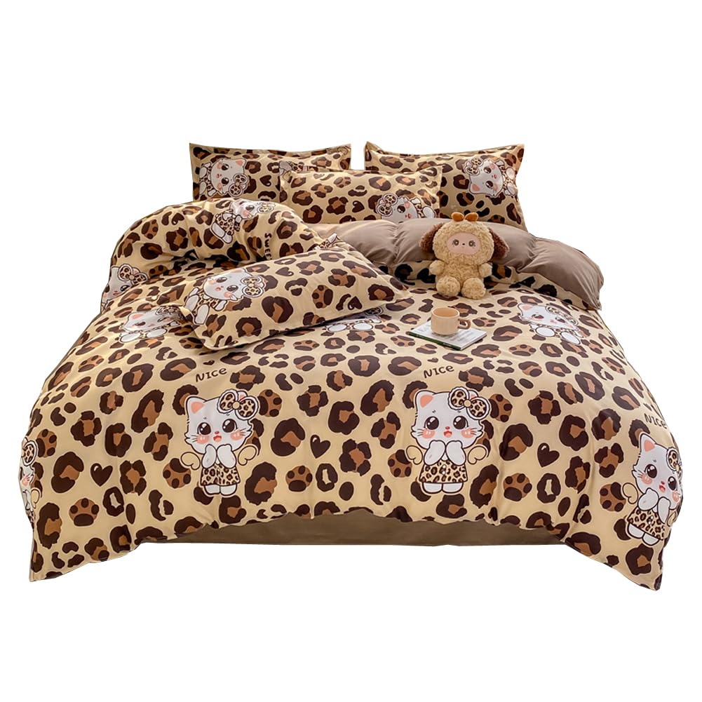 HOLY HOME Kid’s Bedding, Cartoon Duvet Cover Set 4 Piece Birthday Gift Bedclothes (Leopardcat, Full)