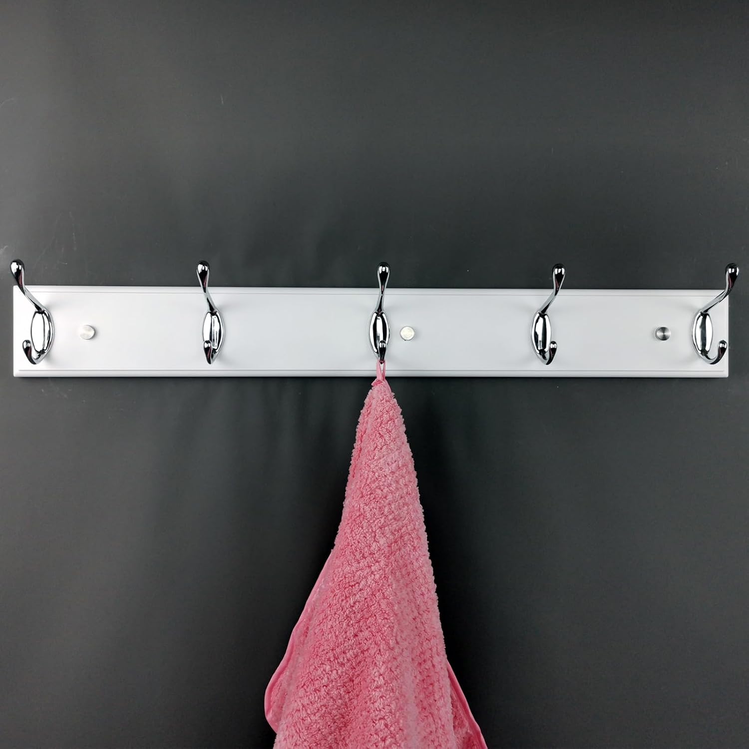 Wooden Wall Mounted Coat Rack – 24 Inch, White with 5 Silver Hooks for Entryway, Hallway, Bedroom