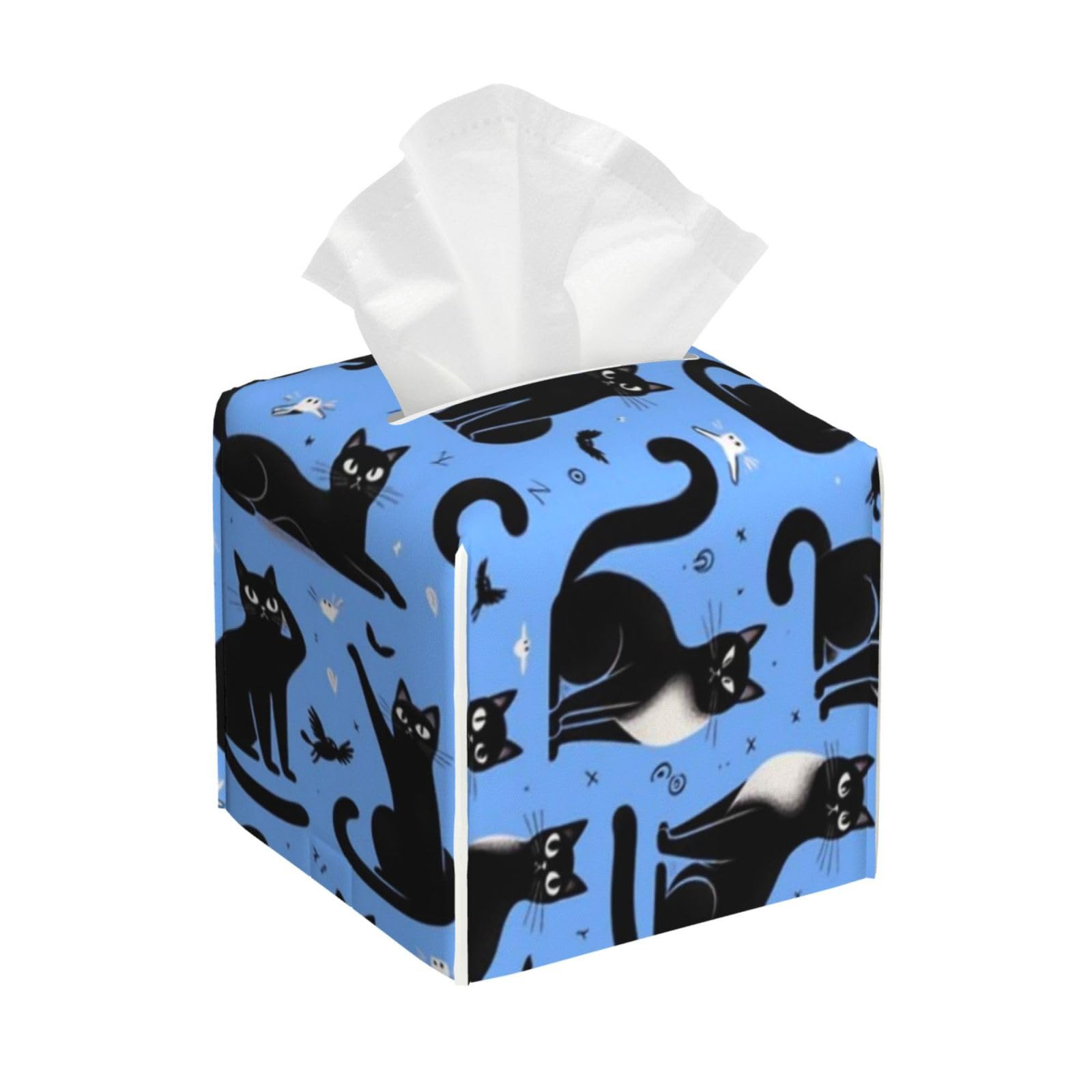 Black Cat Pattern Tissue Box Cover 5" Square Leather Tissue Holder Facial Tissue Case for Tabletop Bedroom Bathroom Desk Decor