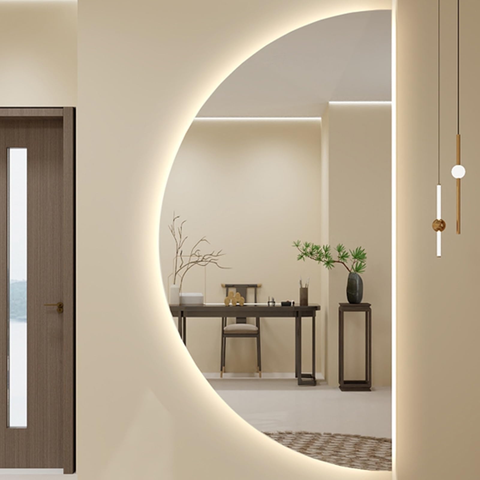 WLYMQFCDimmable 3 Colors Makeup Bathroom Mirrors for Wall, Half Moon Decorative Mirror with Touch Switch, Anti-Fog, Lighted Mirror for Living Room, Bedroom,Cut Right,55x110cm