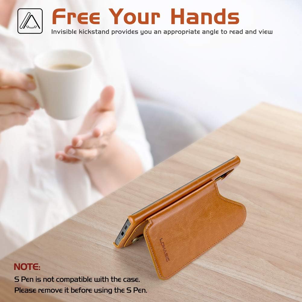 LOHASIC for Samsung Note 10 Wallet Case Men, 5 Card Holder Phone Cover Credit Slot PU Leather Kickstand Magnetic Folio Portfolio Women, Classic Vintage Fancy Travel Pocket 6.3" - Brown