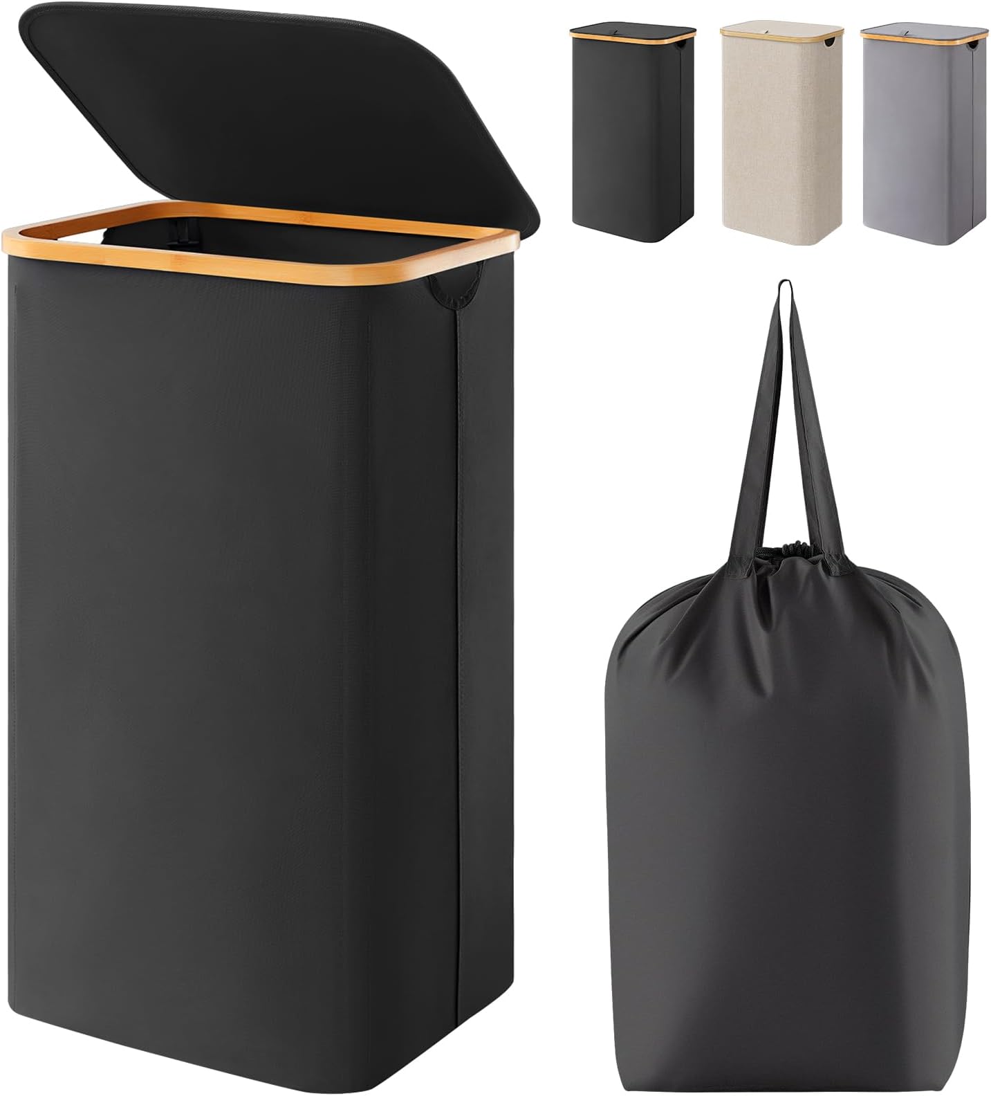 Lifewit Collapsible Laundry Basket with Lid, Laundry Hamper with Bamboo Handles and Removable Laundry Bag, Clothes Washing Basket Storage for Bathroom, Bedroom, Dorm, 100L, Black