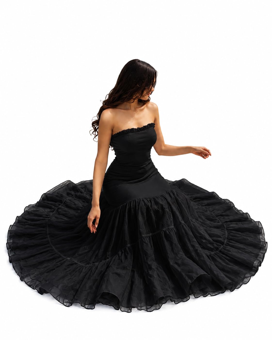 Midnight Muse Black Strapless Tiered Maxi Dress-image-49
