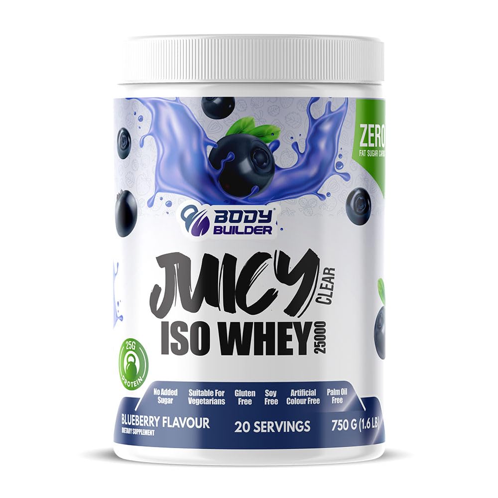 Body Builder Clear ISO Whey 25000- Isolate Whey Protein Powder - Tasty Clear Whey - No Added Sugar - Pure Muscle Fuel with 25g Protein (Blueberry, 1.6 LB)