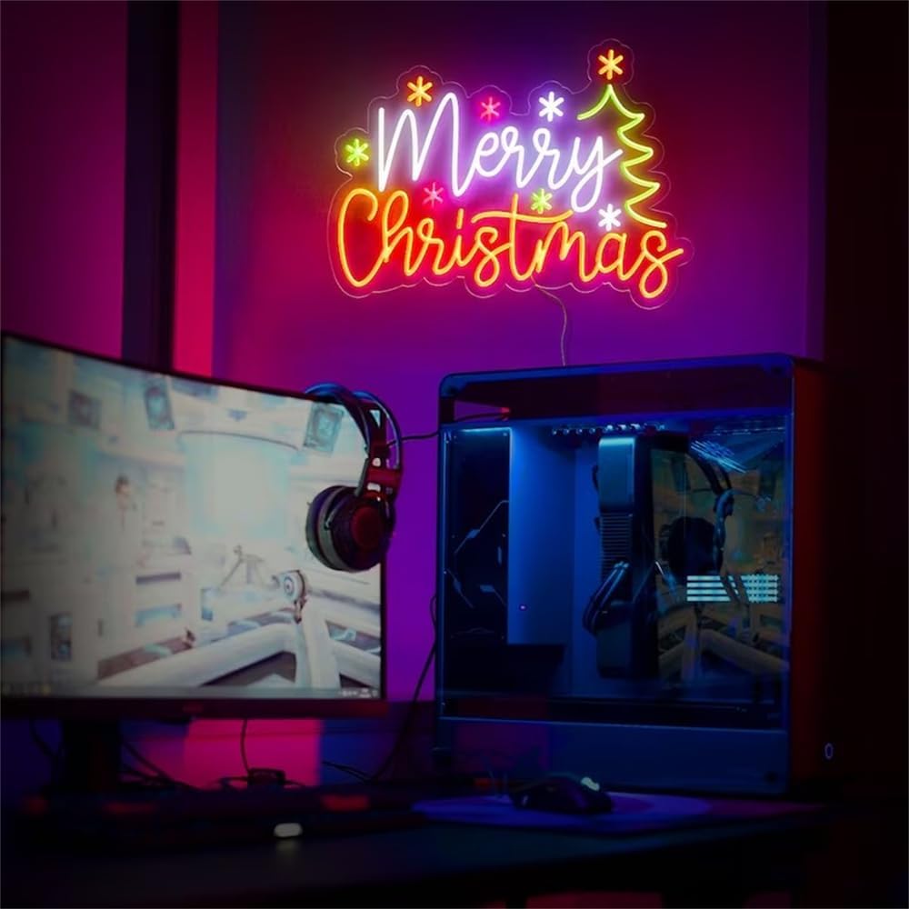 Custom Merry Christmas Neon Sign Merry Xmas Led Sign Happy New Year Neon Light Personalized Holiday Season Room Wall Art Decor 22X15in (Merry Christmas B)