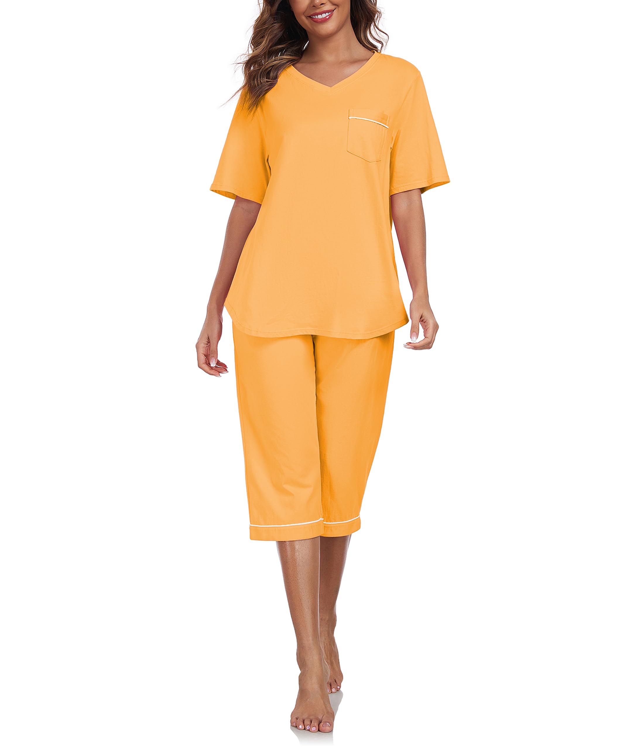 COLORFULLEAF Pigiama da donna Capri 100% cotone, set di due pezzi, scollo a V, biancheria da notte a maniche corte e pantaloni a 3/4