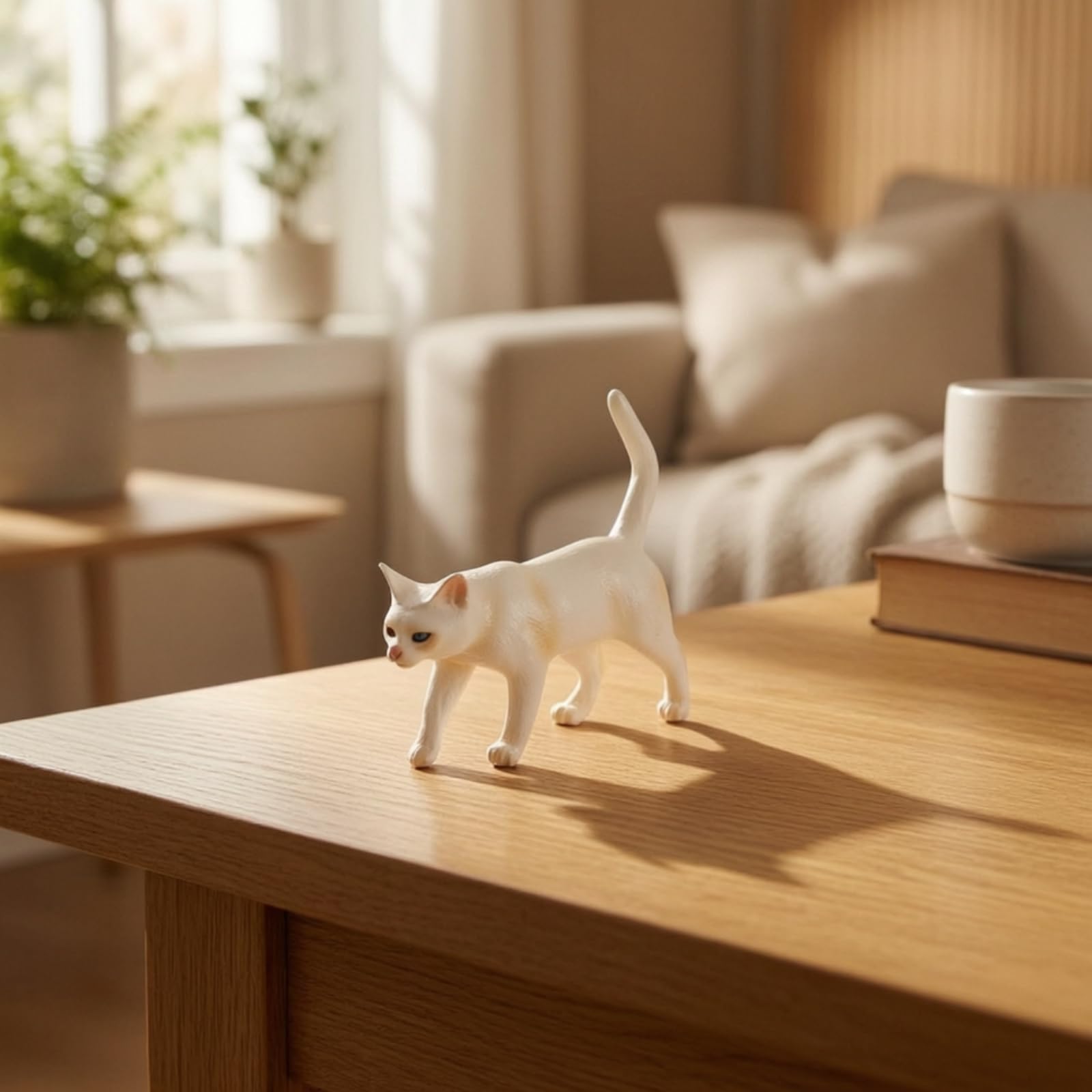 Six Petites Statues Chat Peintes avec Détails Faciaux Précis pour Décoration Bureau et Collection sur Tablette