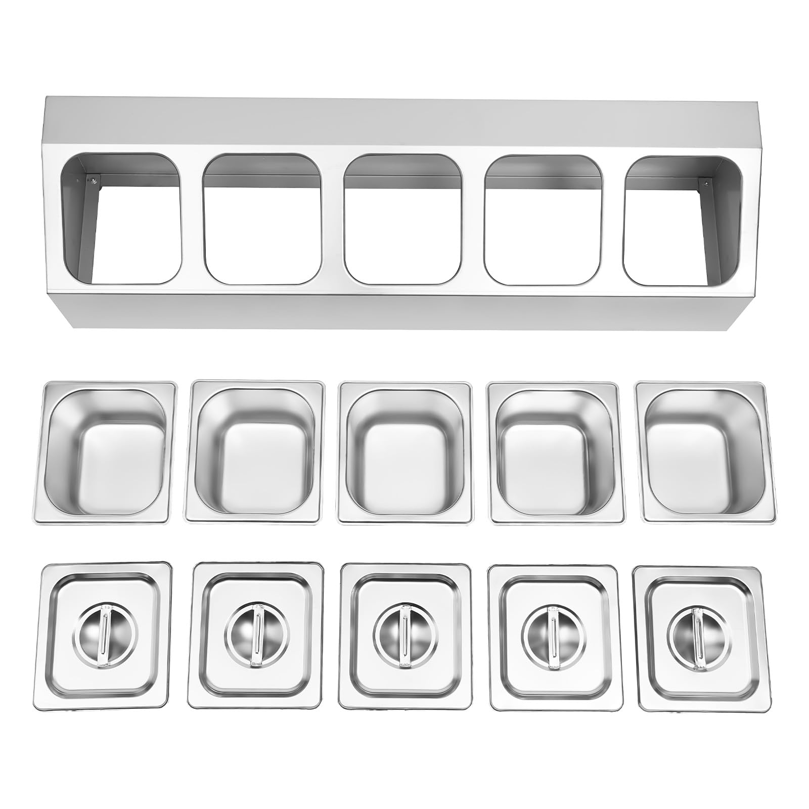 Recipiente para ingredientes de acero inoxidable, recipiente para pizza con 5 recipientes para alimentos y tapa, recipiente para alimentos y especias, 86 x 22,5 x 22 cm
