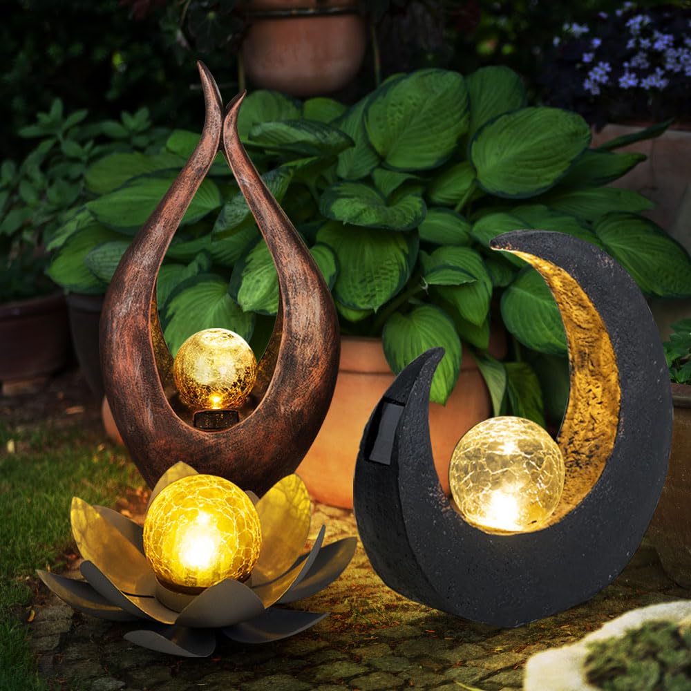 3x LED Solar Außen Lampen bronze Glas Kugel Garten Weg Boden Mond Sichel Steh Leuchten schwarz braun