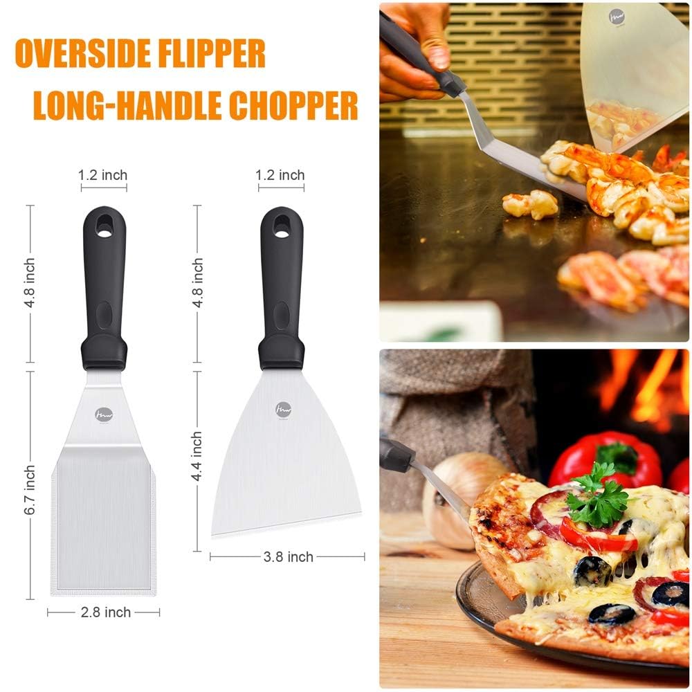 Grillspachtel Set, Edelstahl 9 Pcs Flat-Top-Grillbesteck Set, Profi BBQ Zubehör Grillwender mit Turner-Bürstenflaschen und Tragetasche, Idee für Grillen im Freien, Teppanyaki und Camping