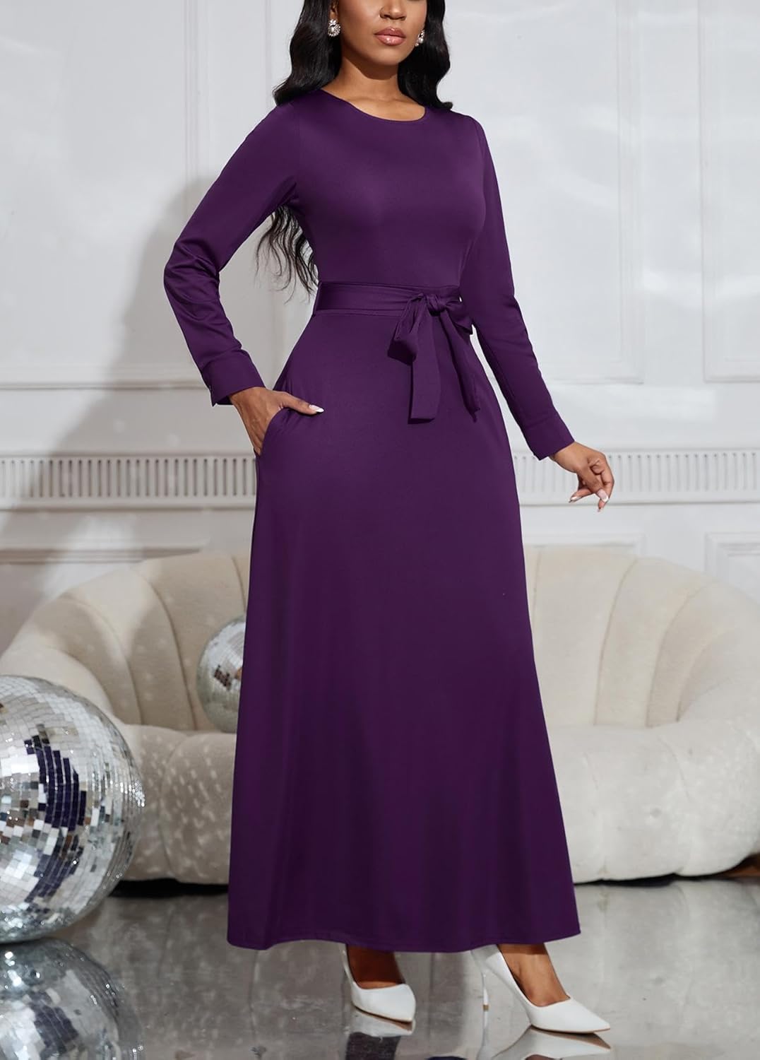 Long Purple Dress for Women Casual Long Sleeve Dresses Crew Neck Maxi Dress Empire Waist Plus Size Long Dresses XX-Large - Image 4