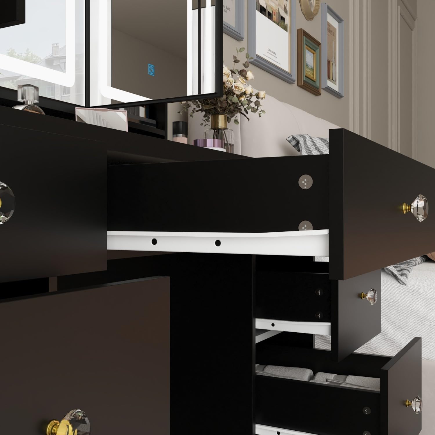 FUFU&GAGA Vanity Desk with Mirror and Lights, Large Makeup Vanity with 9 Drawers, Modern Dressing Table with Hidden Shelves for Bedroom, Black, 43.3”W x 19.7”D x 53.6”H