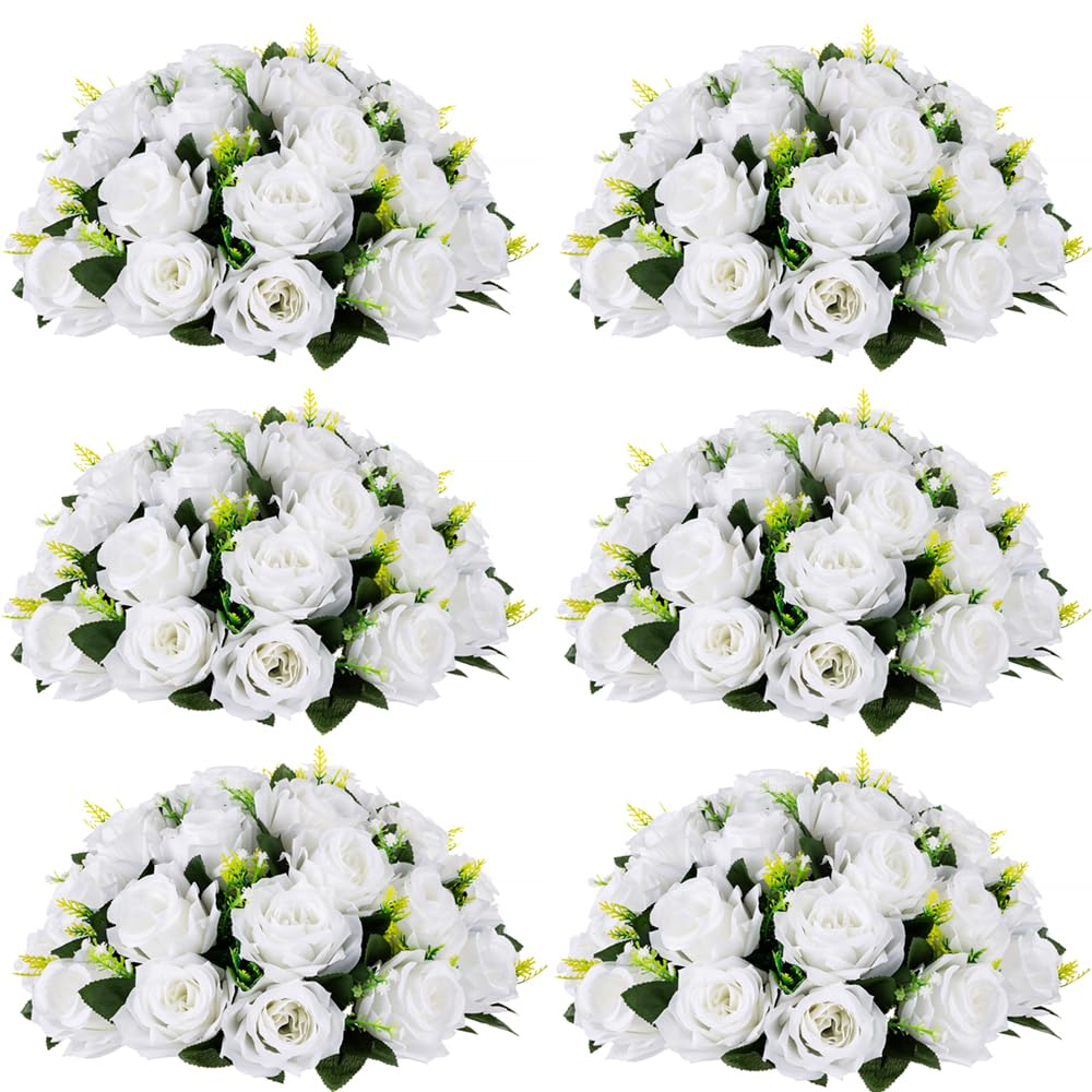 Flower Balls for Centerpieces Wedding Rose - 6 Pcs Artificial Rose Balls with Base, White Fake Flower Ball Kiss Ball, Wedding Flower Bouquets Arrangement for Parties, Tables, Anniversary, Home Decor