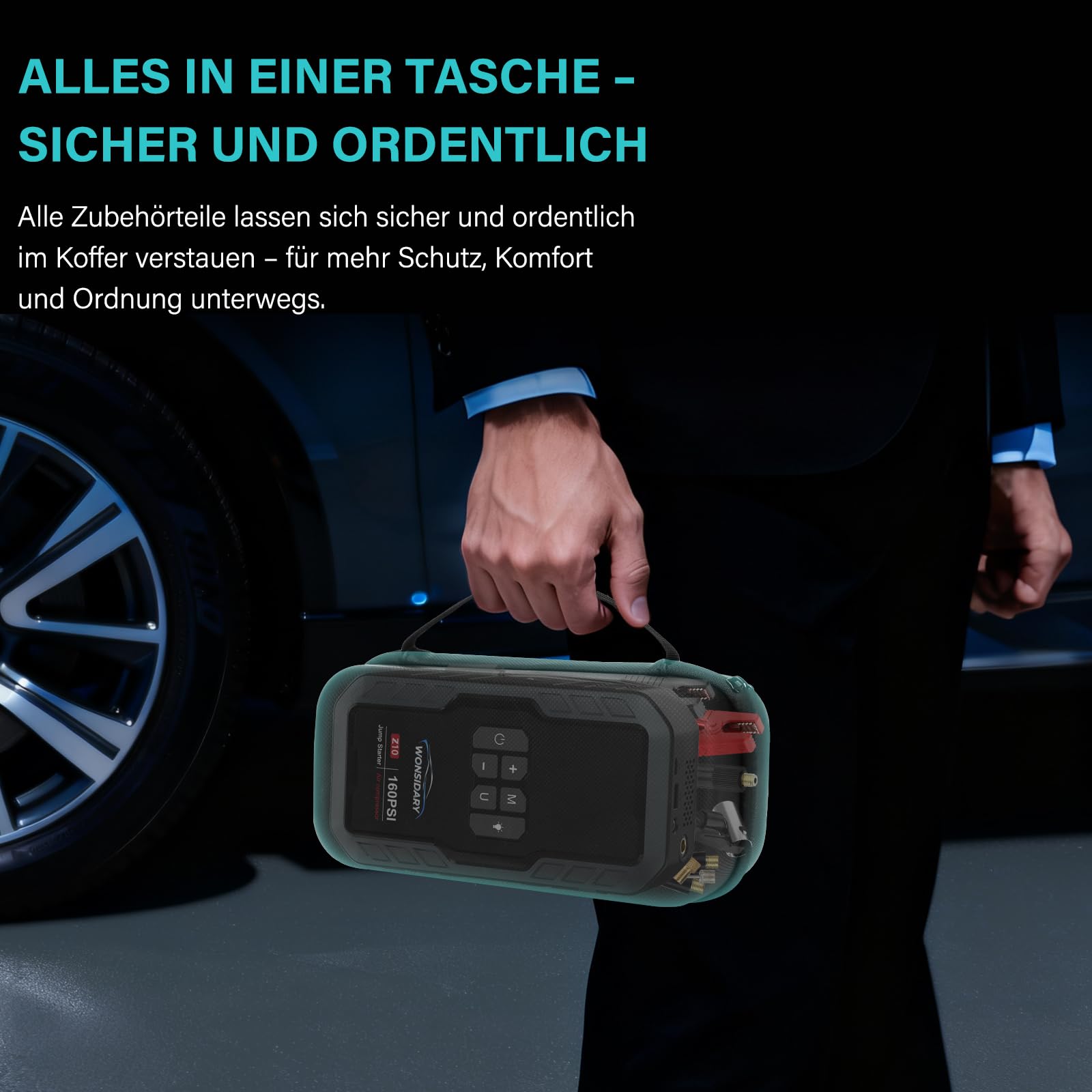 7000A Starthilfe Powerbank für PKW mit 160 PSI Kompressor | 27000 mAh Auto Starthilfe Powerbank für Alle 12V Benzin- & bis zu 8.0L Diesel motoren,4 LED-Lichter,Notfallset für Auto