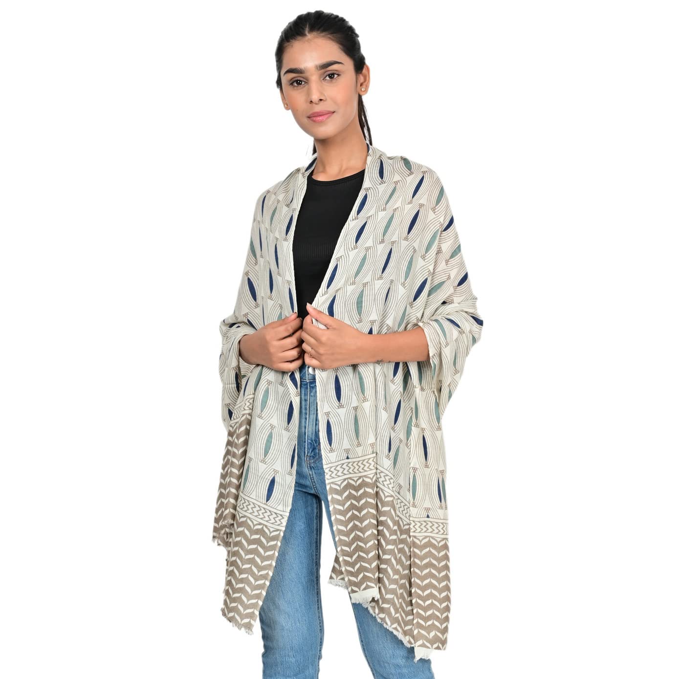 IndowrapsWomen's 100% Merino Wool Print Stole, Shawl, Wrap, Modern Elegant Pattern, Size: 28X72 in