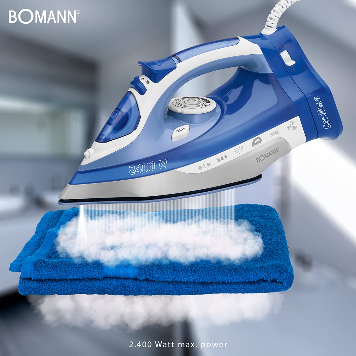 Bomann DB 6006 CB - Ferro a vapore senza fili, suola in ceramica antigraffio, 7 funzioni, regolazione continua della temperatura, colore: bianco/blu