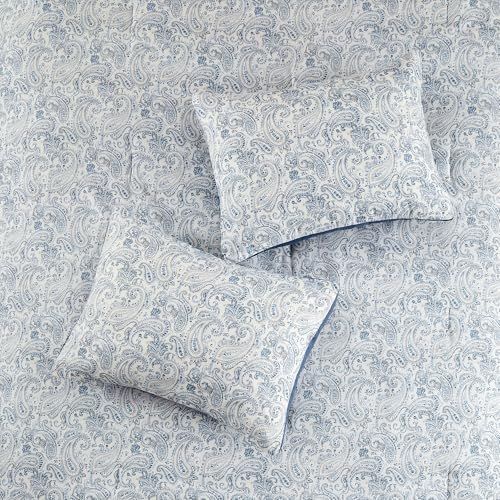 Image of Modern Threads 5-Piece Printed Comforter Set Freya - Blue & Beige Paisley Bedding with Decorative Pillows & Shams, Soft All Season Bed Set, Queen