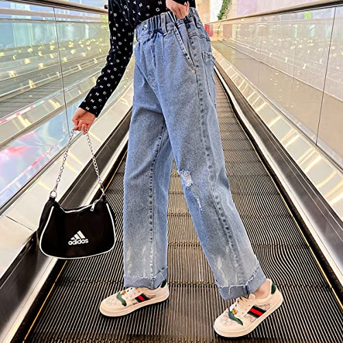 Milokado Big Kids Girls Elastic Waist Wide Leg Jeans Casual Demin Baggy Pants Size 5-14（13-14 Years，Light Blue） #TOP2