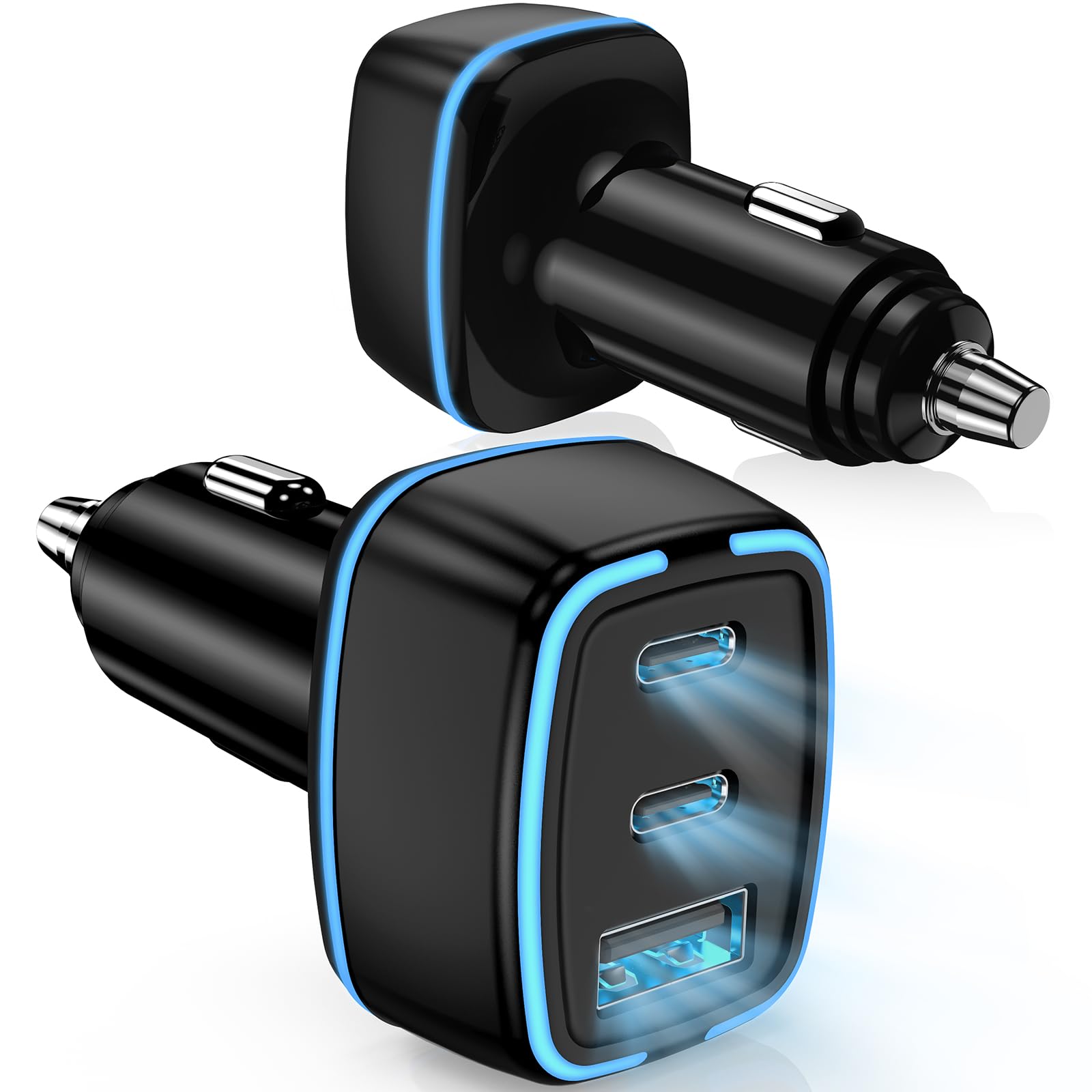 USB C Car Charger 3 Port PD Super Mini Cigarette Lighter Adapter 2Pack USB-C A Fast Car Charging