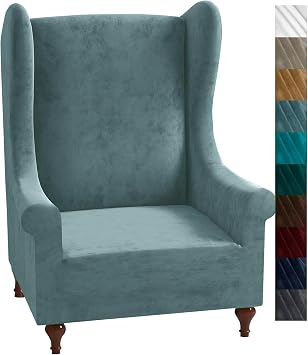 XINEAGE 1 Piece Velvet Wingback Chair Slipcover Stretch Wing Chair Cover Non Slip Furniture Protector with Foam Rods for Living Room Wingback Chair, Stone Blue