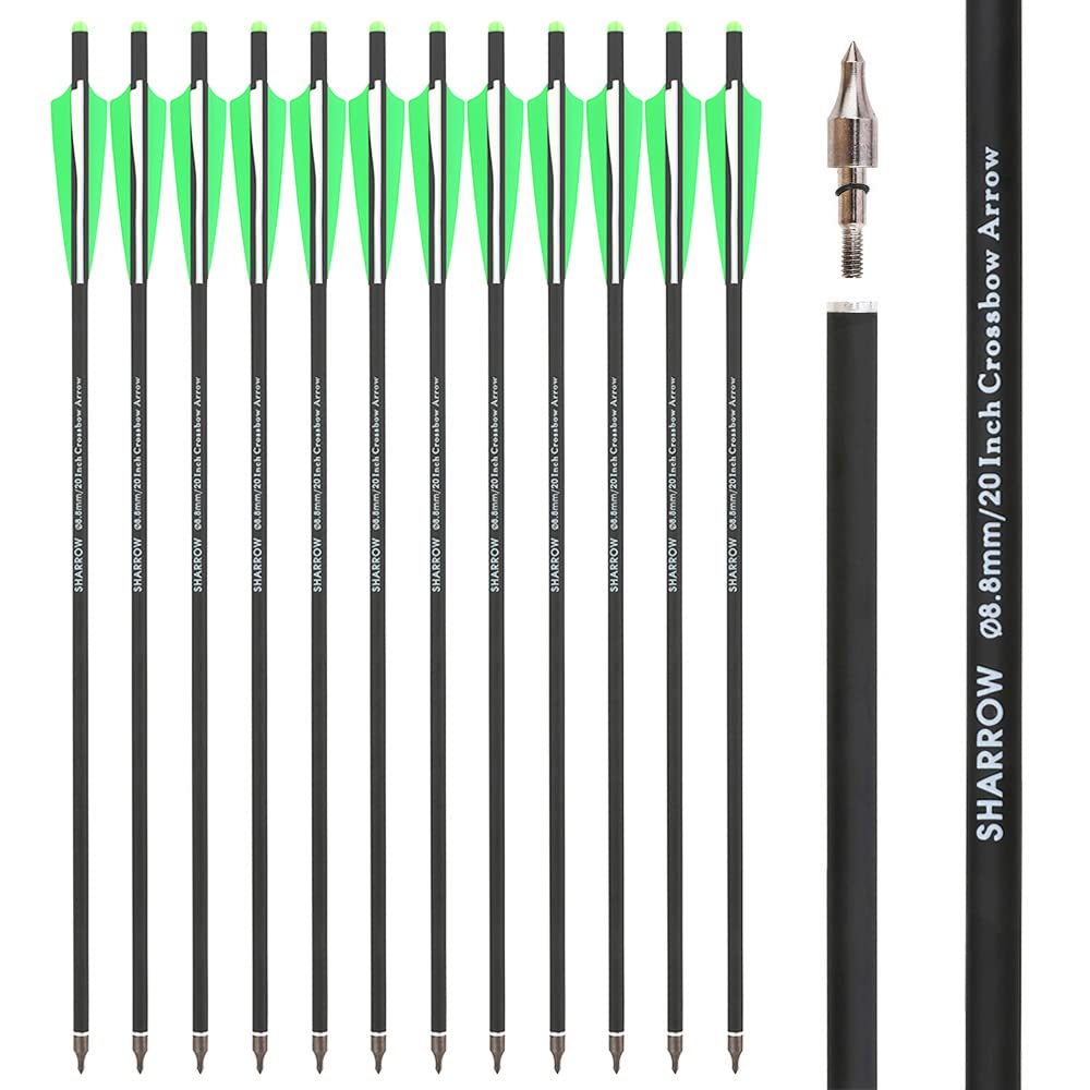 SHARROW Archery Carbon Crossbow Bolts Arrows 16 17 18 20 22 Inch Carbon Arrows with 4" Feathers Replaceable Field Point for Crossbow Hunting Shooting (Type 1: Green, 22")
