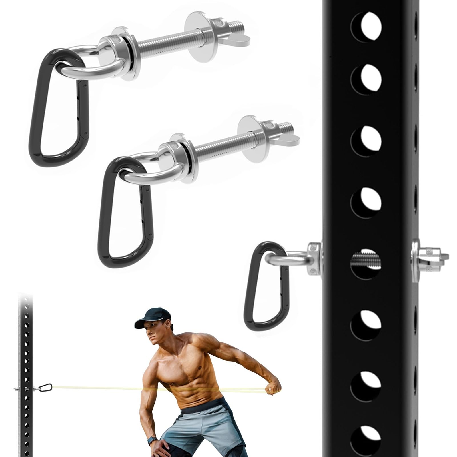 J Bryant Heavy Duty Rack Anchor – Stainless Steel Resistance Band Pegs with Large Carabiner for 5/8" & 1" Power Rack – Multi-Purpose Attachment for