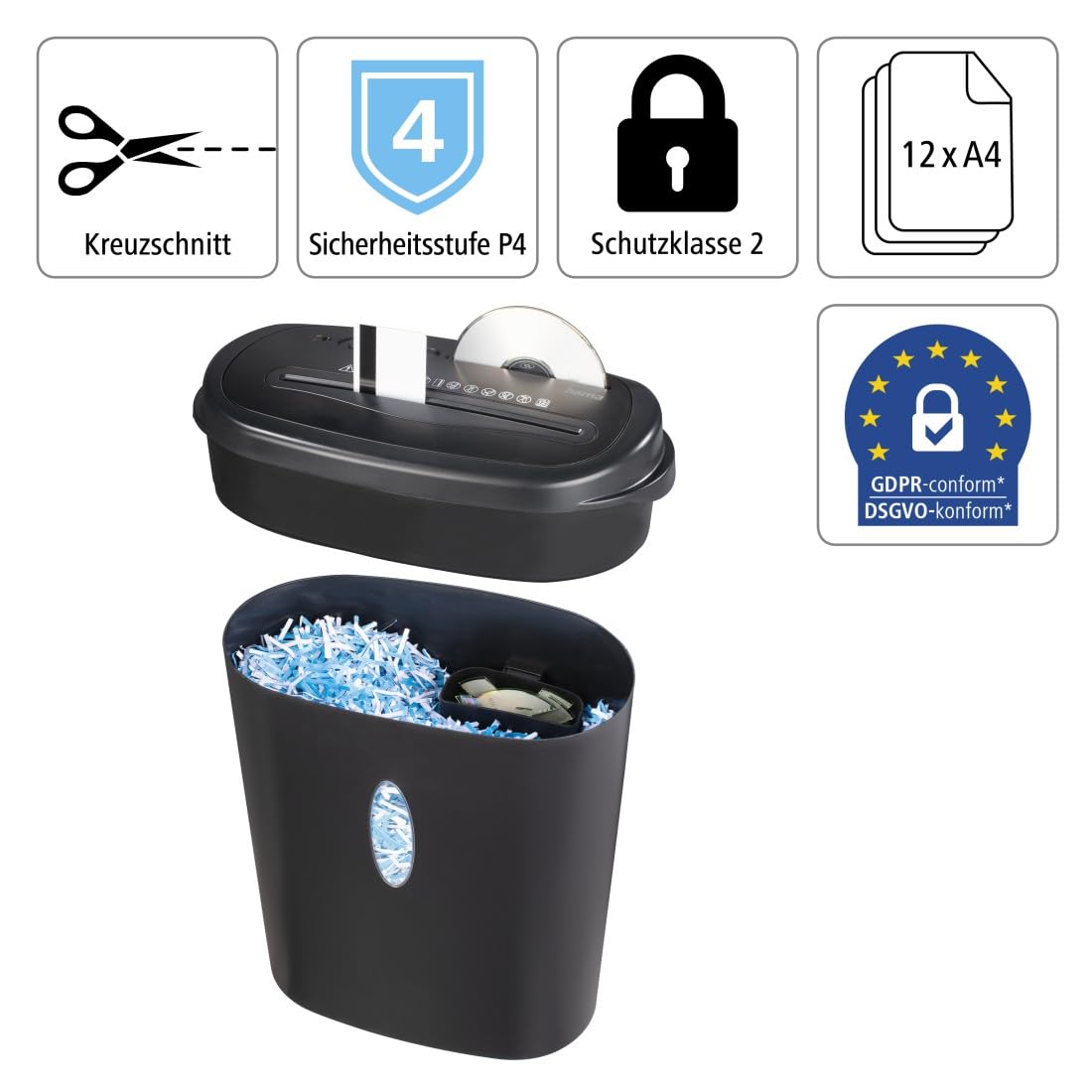 Hama |Trituradora de Papel Nivel de Seguridad E3, P4,T4 (Home X12CD, Destructora Papel, 36,2x19,5x45,2 cm, Nivel Ruido: 72 db, Velocidad Corte: 2 m/min, CDs, DVDs, Blue-Ray, Papel. Tarjetas) Negro