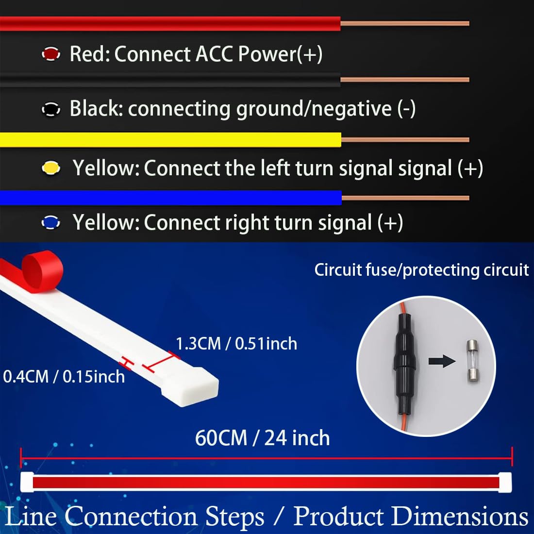 Indicatore di direzione con striscia luminosa RGB per auto,striscia luminosa di marcia diurna a LED flessibile e impermeabile con controllo app wireless,adatta per auto,moto (24pollici/12V)