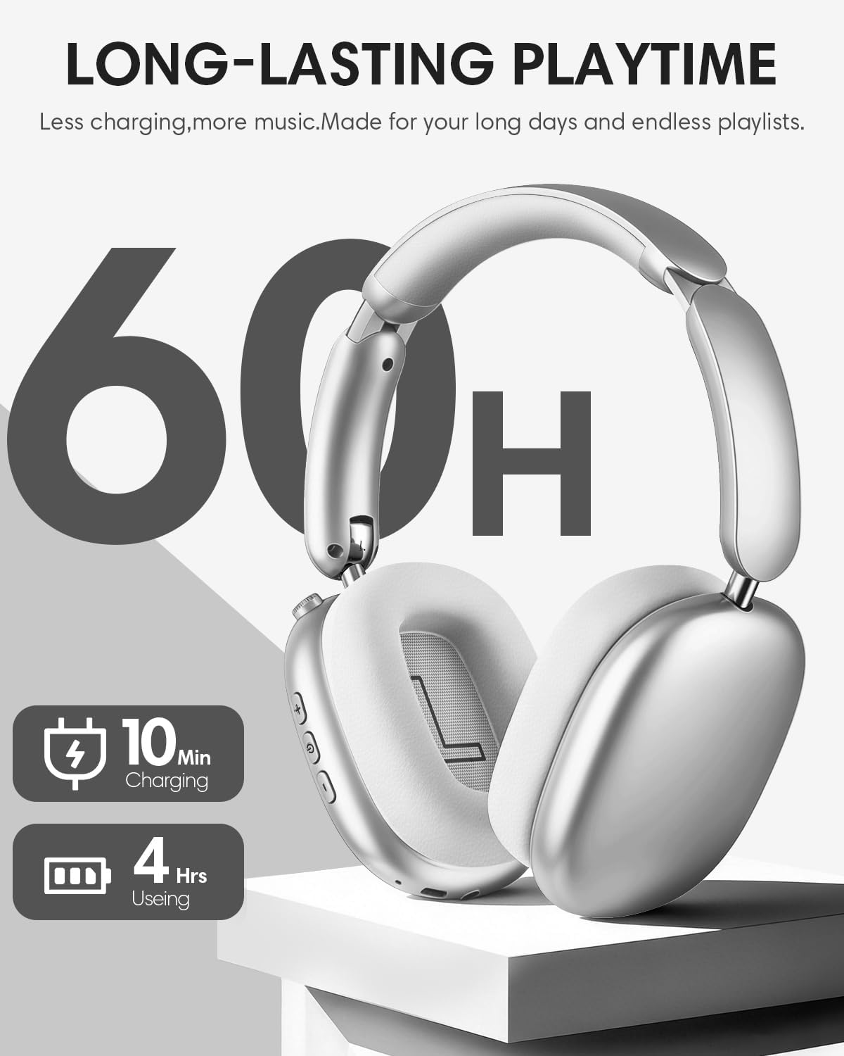 Wentronic Y02 Active Noise Cancelling Headphones,60H Battery,5 EQ Music Modes,Hi-Res Audio,Deep Bass,Foldable Wireless Over Ear Bluetooth 5.4 Headset,Breathable Leather Earpads (Silver)
