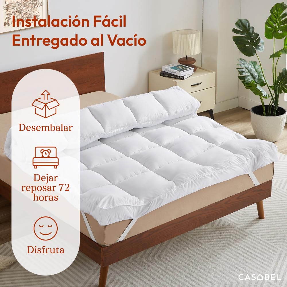 CASABEL Topper de colchón Mullido y Transpirable, 160x200cm, Blanco | Confort mullido, Extra Grueso, 1150g/m², Acolchado de cuadros, Hipoalergénico, Elásticos de sujeción, Lavable a máquina