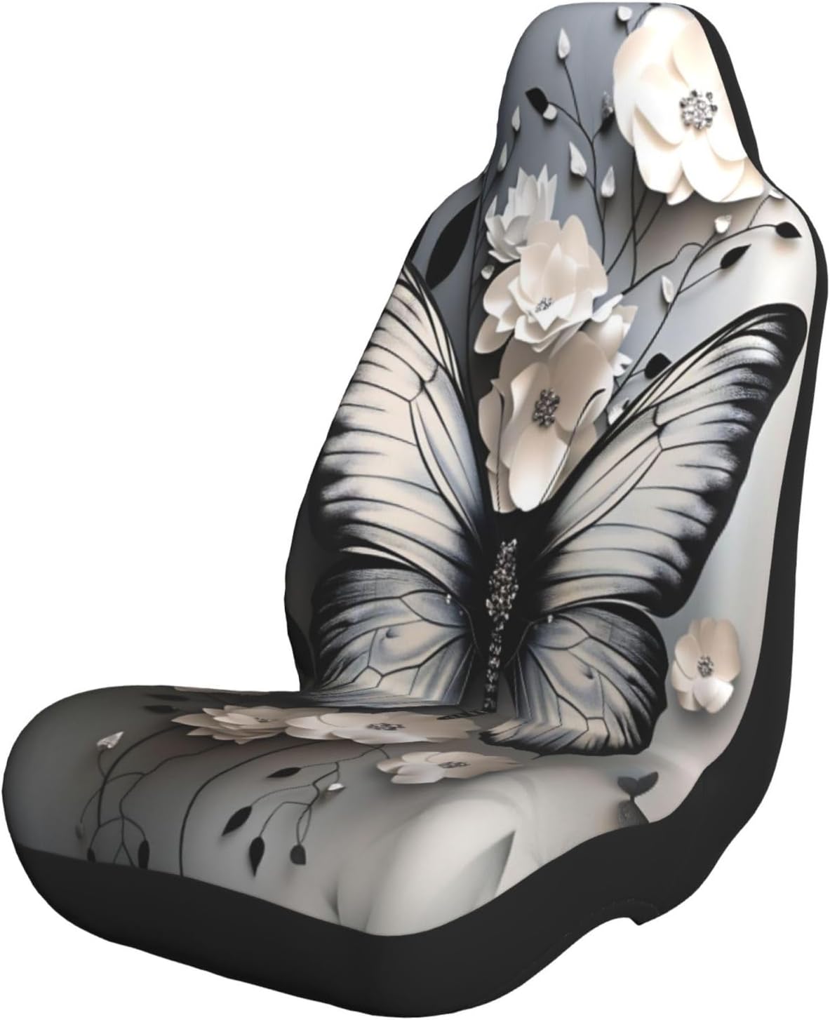 Black and White Butterfly Flower Car Seat Covers Universal Auto Seat Cushion Protector Automotive Interior Decoration for Cars SUV Truck Sedan