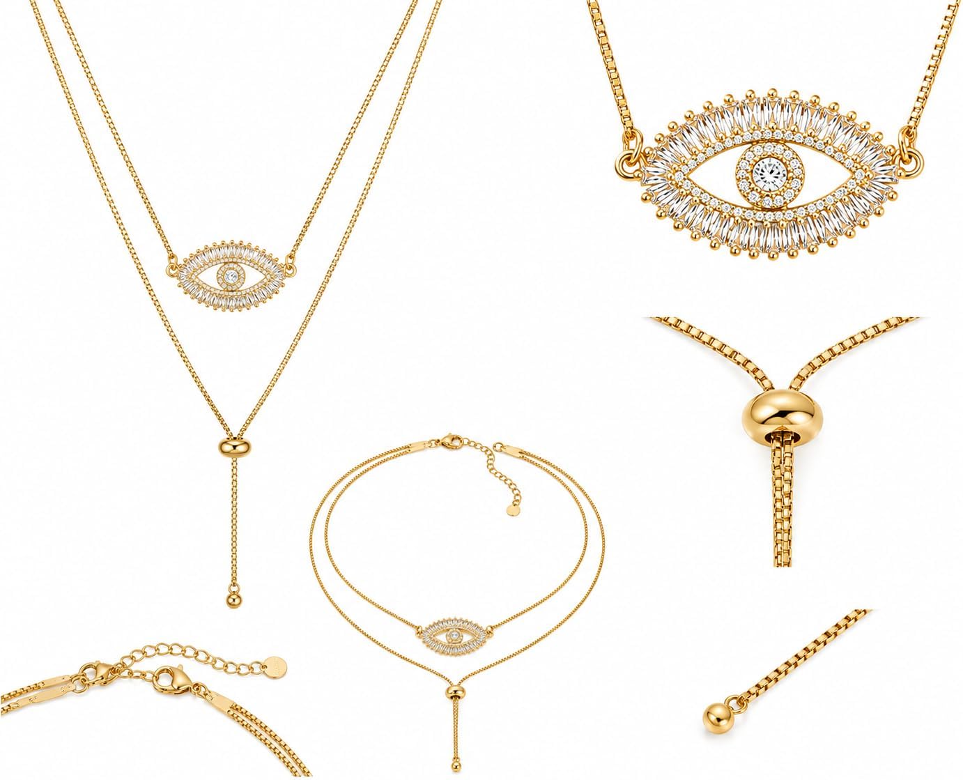 LESLIE BOULES Gold Evil Eye Lariat Necklace for Women 18K Gold Plated Sliding Adjustable Chain Choker Jewelry