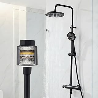 HOMELODY Sistema de ducha con termostato, color negro, grifo de ducha completo con filtro, 25 cm, ducha de lluvia y ducha de mano, 3 tipos de chorro, juego de ducha para baño