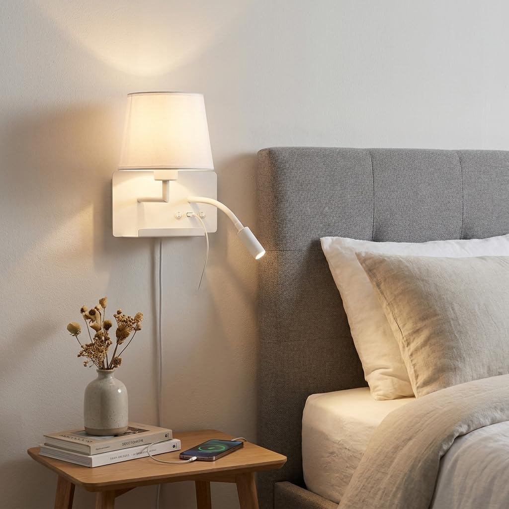 BARCELONA LED Wandleuchte mit USB-Anschluss und Ablage, Leselampe für Bettkopfteil mit E27-Fassung, schwenkbare LED-Leseleuchte 3W 2700K, Stoffschirm für Schlafzimmer, Hotelzimmer, Weiß