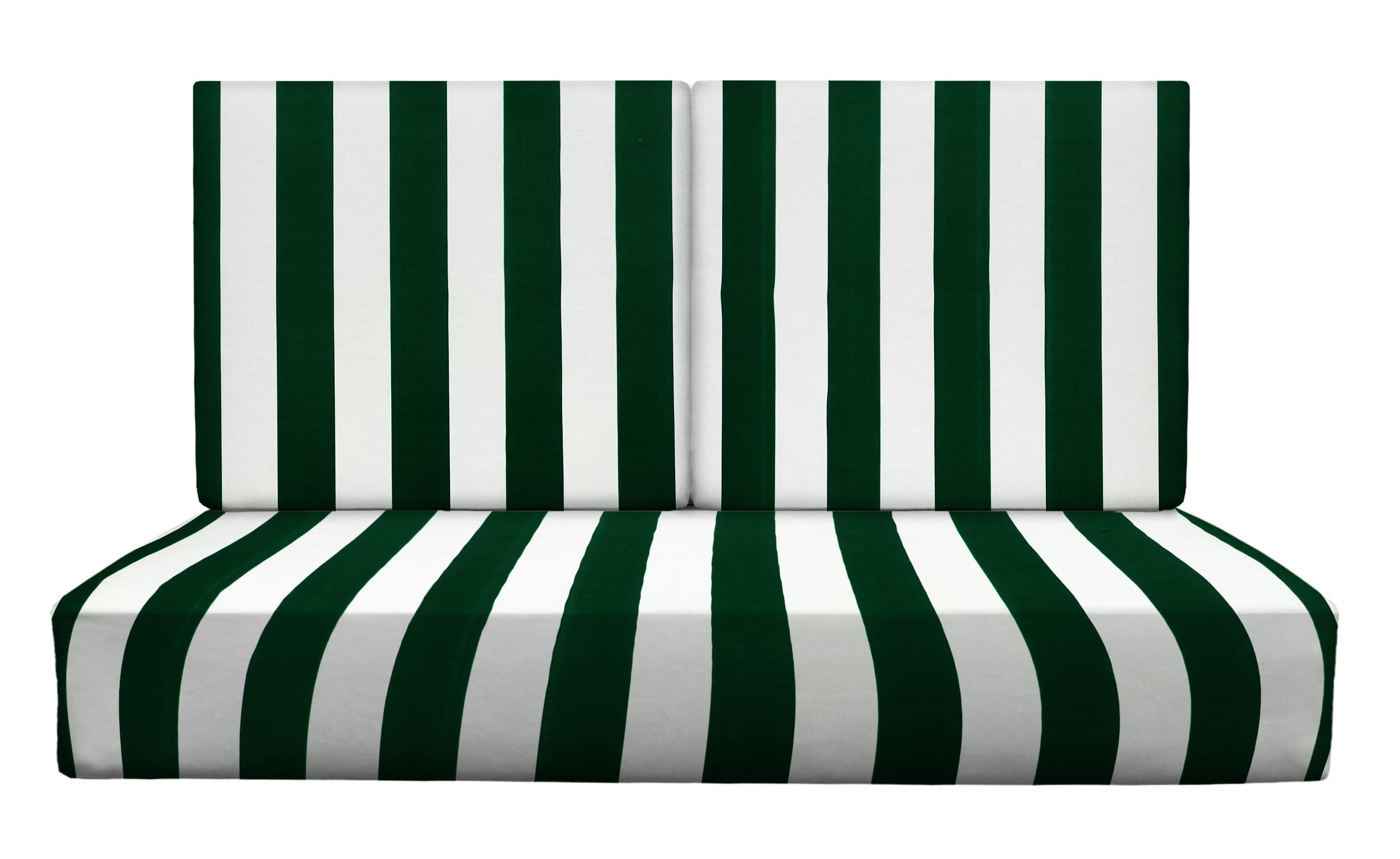 RSH DECOR: Deep Seating Foam Loveseat Cushion Set | 46” x 26” Loveseat | All-Weather Spun Fabric | Outdoor Foam Settee and Back Cushions for Patio Furniture | Hunter Green & White Stripe