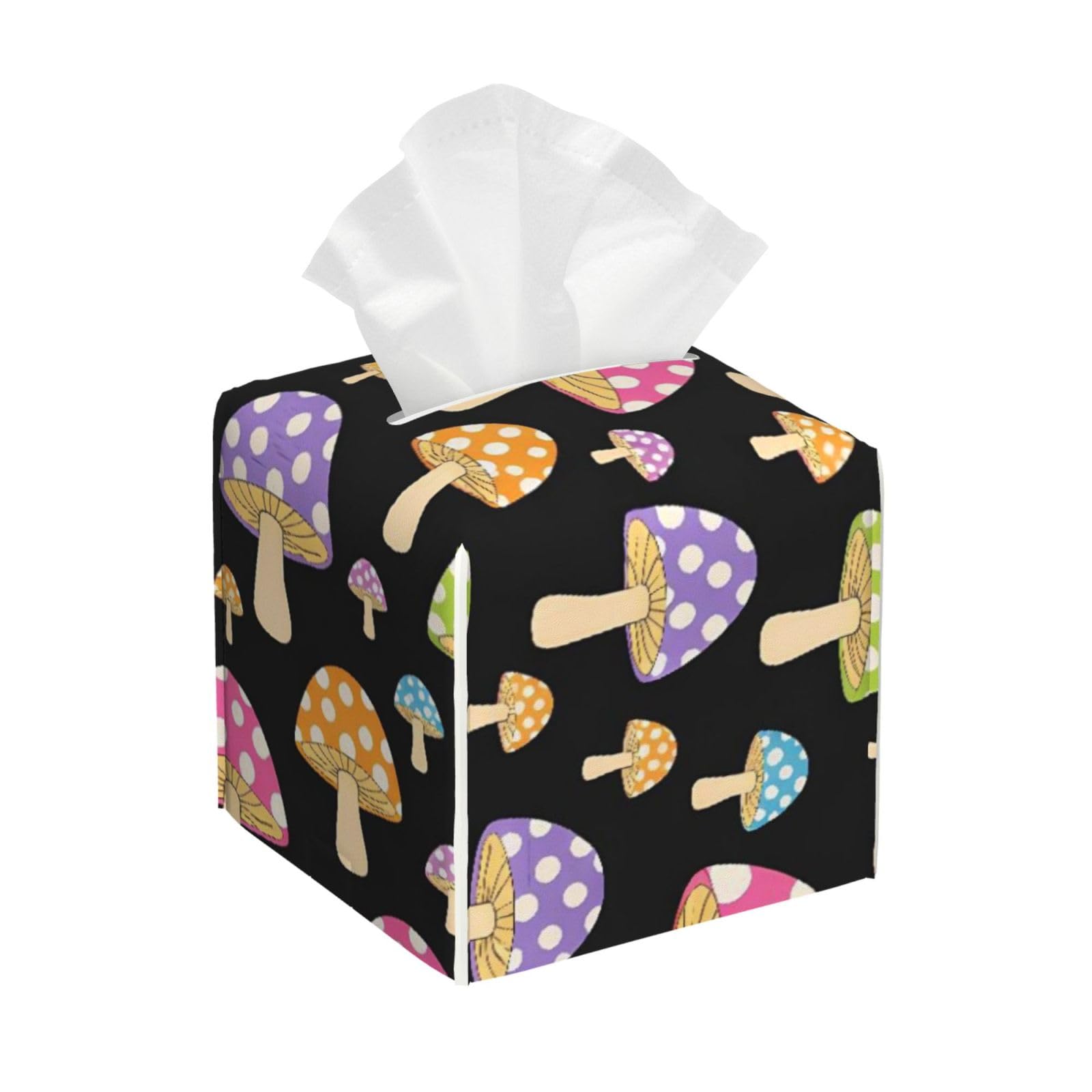 Colorful Neon Mushroom Leather Tissue Box Cover Holder Square Facial Paper Organizer 5.2" X 5.2" X 5.2"