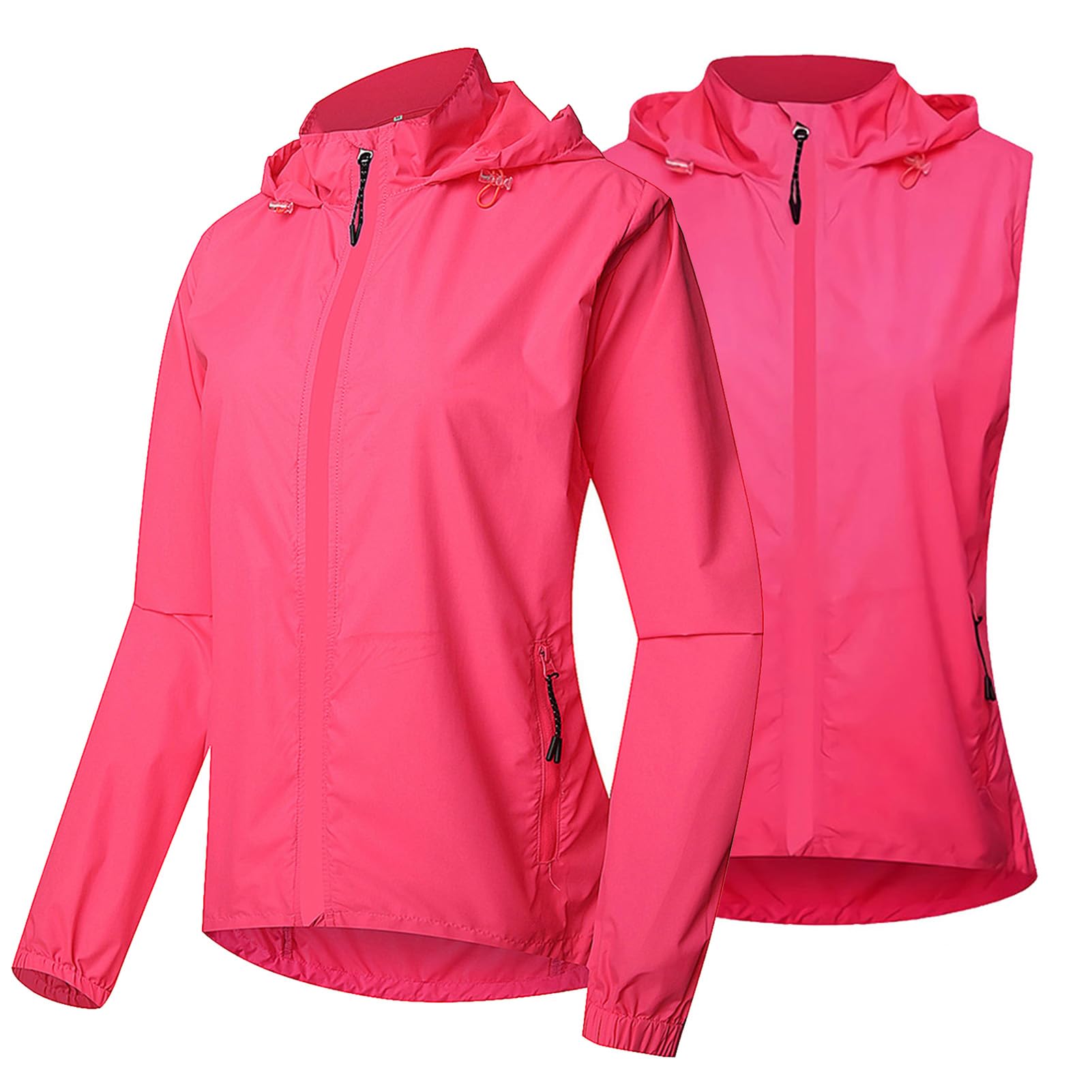 Fractilian Chaqueta de Ciclismo para Mujer Impermeable Transpirable con Capucha Cortavientos 2 en 1 Protección UV Chaleco de Bici Reflectante con Mangas Extraíbles