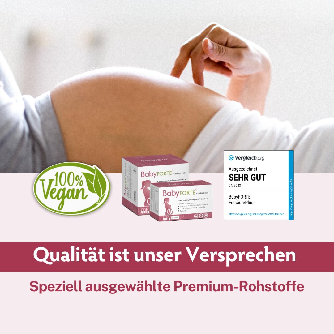 BabyFORTE® FolsäurePlus | vegan | Schwangerschaftsvitamine - Kinderwunsch Vitamine | 16 Nährstoffe | 180 Kapseln + Laborgeprüft