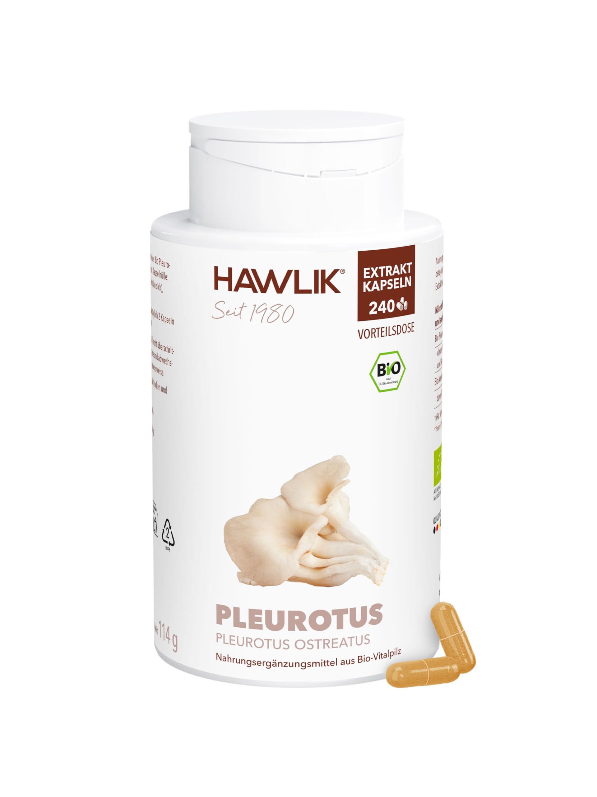 HAWLIK Vitalpilze Pleurotus Extrakt Kapseln - 240 Kapseln - Mit Vitamin C - Natürlicher Anbau - Vegan - Zuckerrohr-Dose