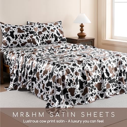 Image of MR&HM Satin Bed Sheets with Elastic Corner Straps, King Size Sheets Set, 4 Pcs Silky Bedding Set with 15 Inches Deep Pocket for Mattress (King, Cow Print)