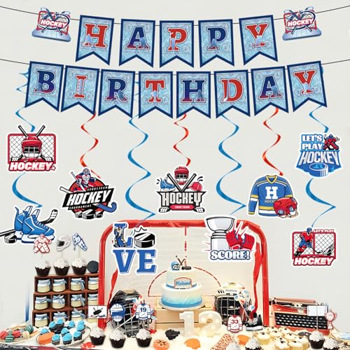Image of Hockey Birthday Party Decorations - 11PCS Hockey Birthday Decorations Banner Hanging Swirls Game Day Game Time Sport Themed Party Decor Supplies for Kids Fans Boys