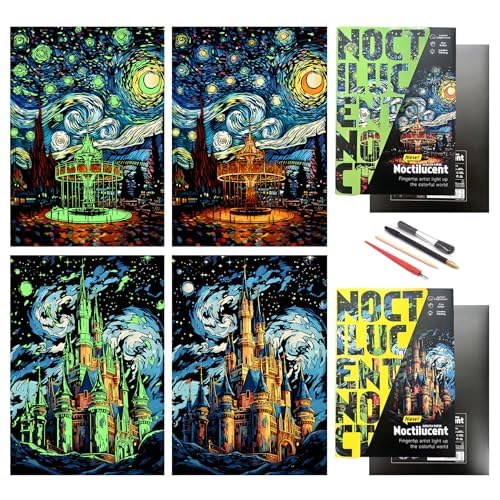 DESINIK Scratch Painting Art Paper for Adults,Creative DIY Art Craft Gift Scratch Rainbow Painting Luminous Paper Set including 4 Tools 16''x11''(Castle &Amusement Park)